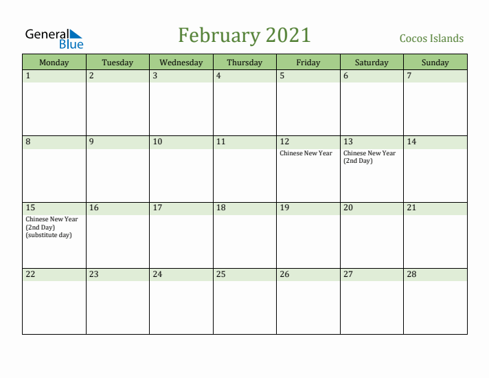 February 2021 Calendar with Cocos Islands Holidays