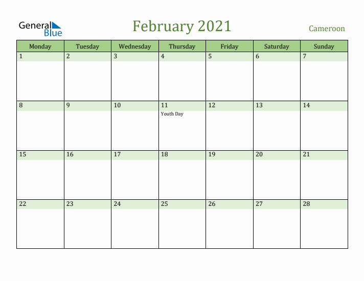 February 2021 Calendar with Cameroon Holidays