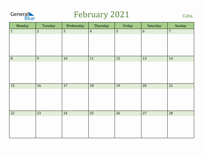 February 2021 Calendar with Cuba Holidays