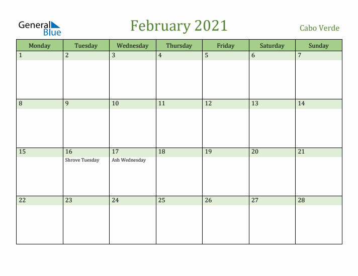 February 2021 Calendar with Cabo Verde Holidays