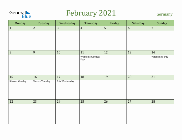 February 2021 Calendar with Germany Holidays