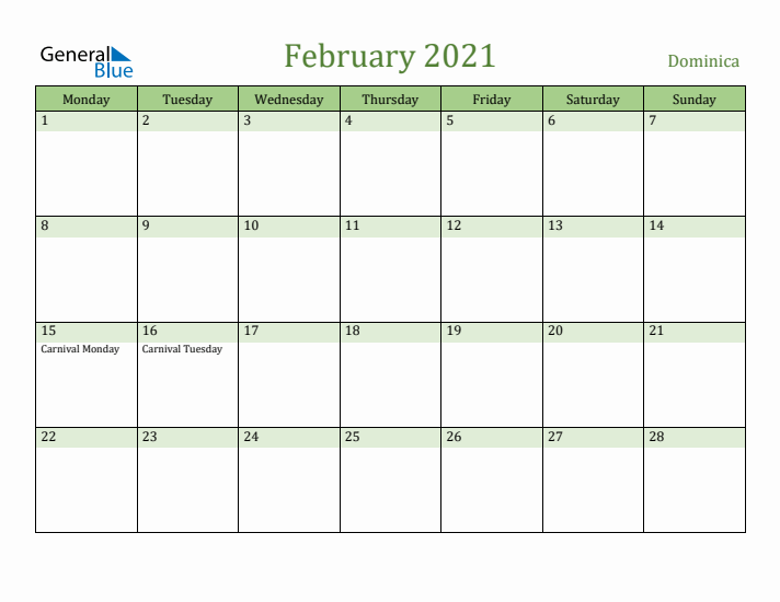 February 2021 Calendar with Dominica Holidays