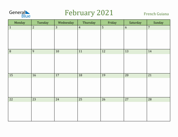 February 2021 Calendar with French Guiana Holidays