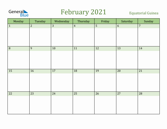 February 2021 Calendar with Equatorial Guinea Holidays