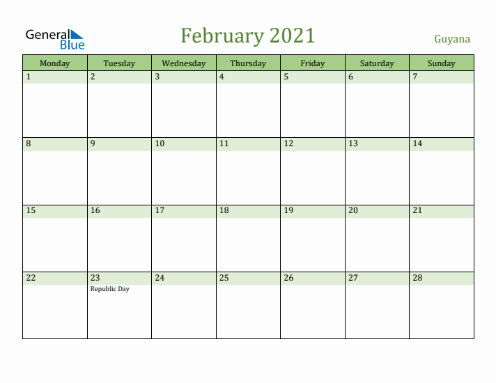 February 2021 Calendar with Guyana Holidays