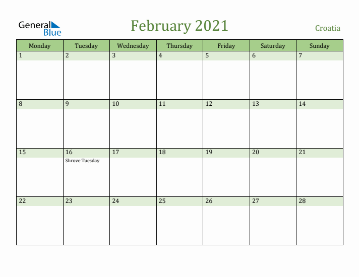 February 2021 Calendar with Croatia Holidays