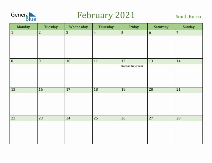 February 2021 Calendar with South Korea Holidays