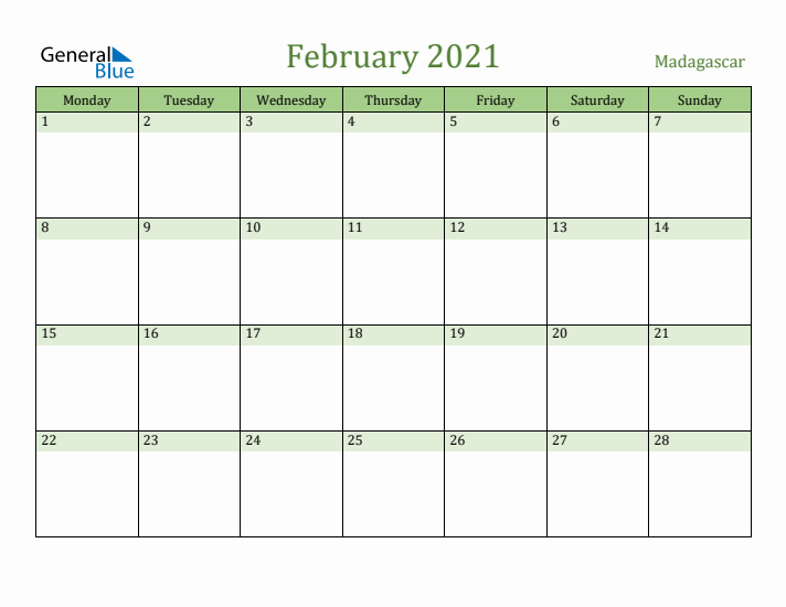 February 2021 Calendar with Madagascar Holidays