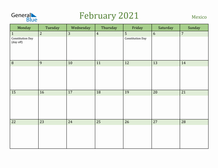 February 2021 Calendar with Mexico Holidays