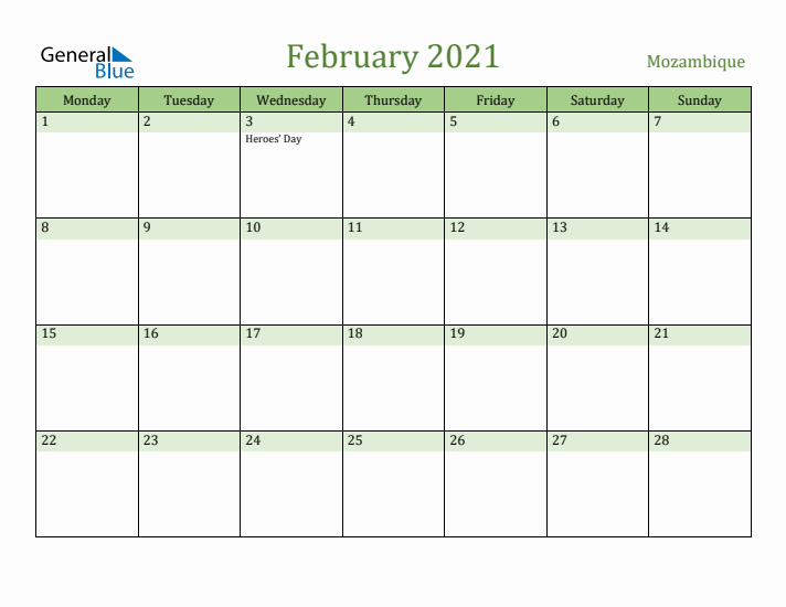 February 2021 Calendar with Mozambique Holidays