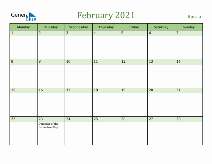 February 2021 Calendar with Russia Holidays