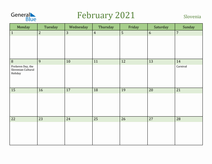 February 2021 Calendar with Slovenia Holidays