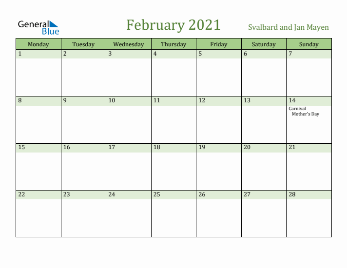 February 2021 Calendar with Svalbard and Jan Mayen Holidays