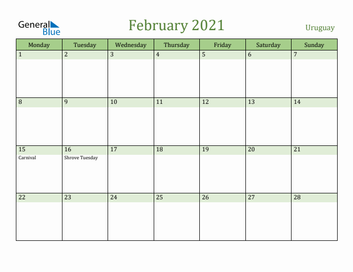 February 2021 Calendar with Uruguay Holidays