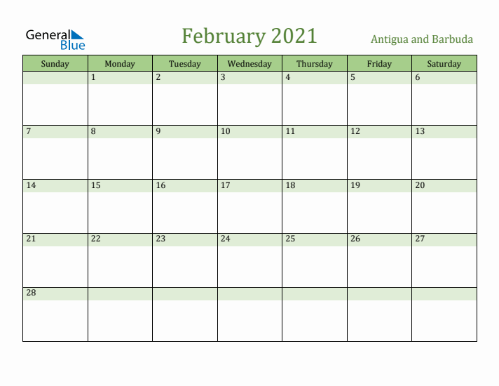 February 2021 Calendar with Antigua and Barbuda Holidays