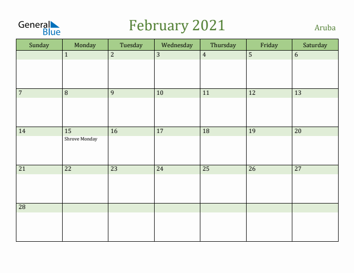 February 2021 Calendar with Aruba Holidays