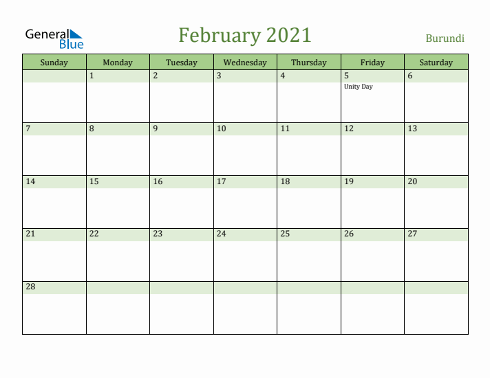 February 2021 Calendar with Burundi Holidays