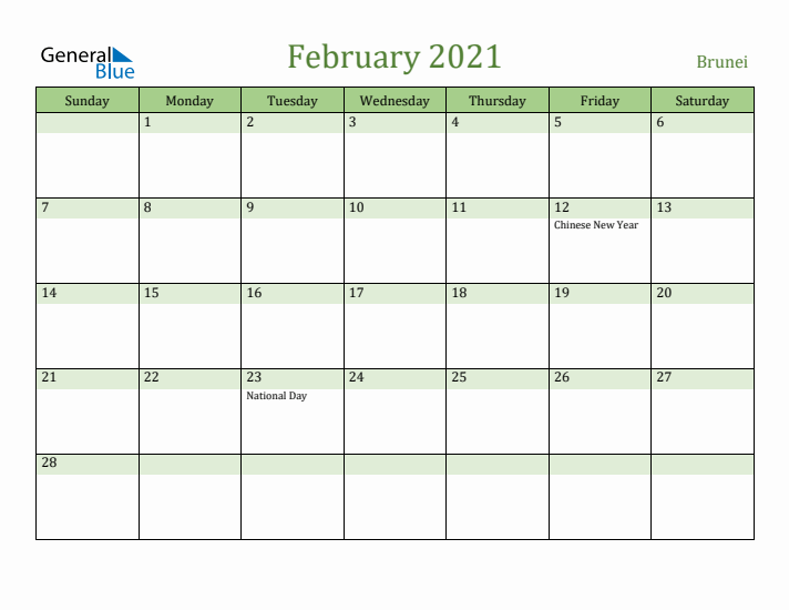 February 2021 Calendar with Brunei Holidays