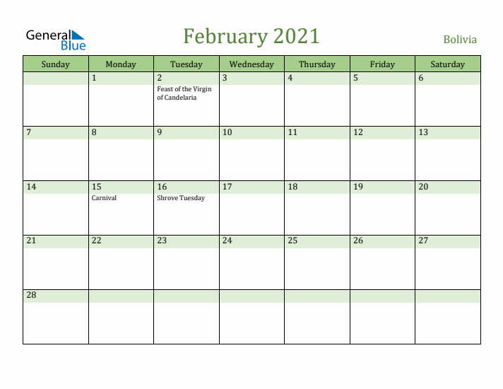 February 2021 Calendar with Bolivia Holidays