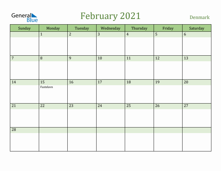 February 2021 Calendar with Denmark Holidays