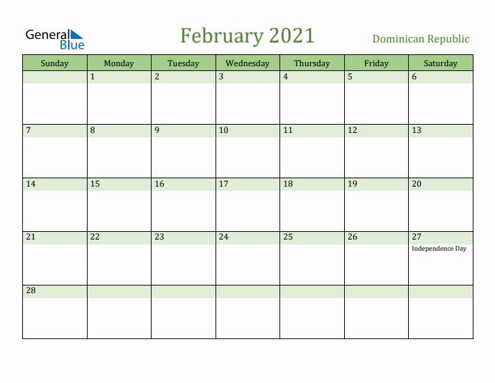 February 2021 Calendar with Dominican Republic Holidays