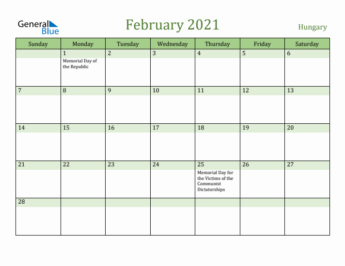 February 2021 Calendar with Hungary Holidays