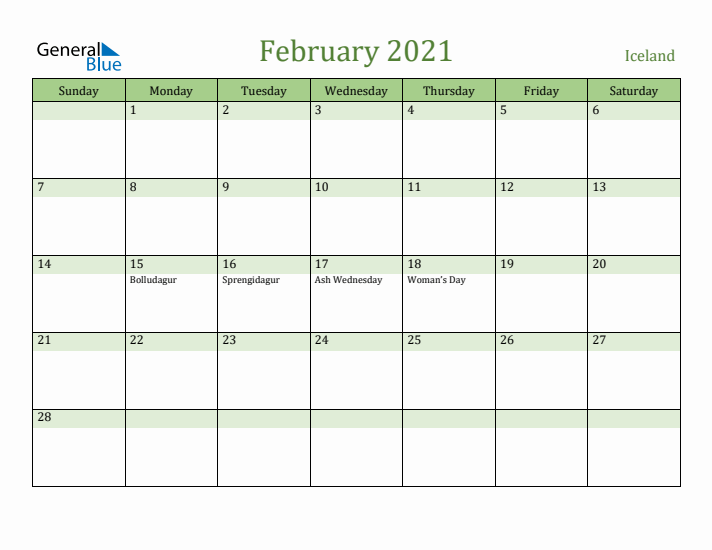 February 2021 Calendar with Iceland Holidays