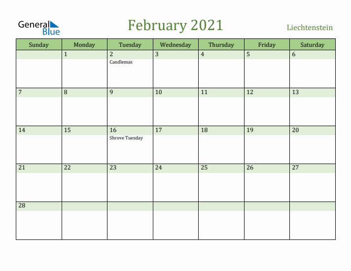 February 2021 Calendar with Liechtenstein Holidays