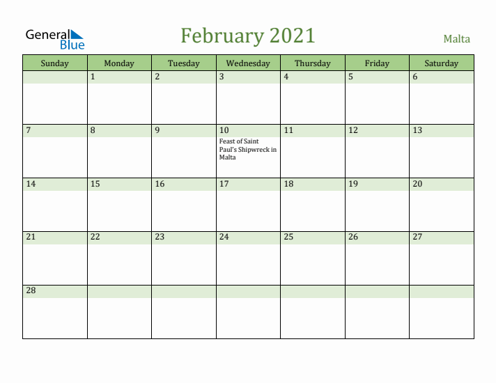 February 2021 Calendar with Malta Holidays