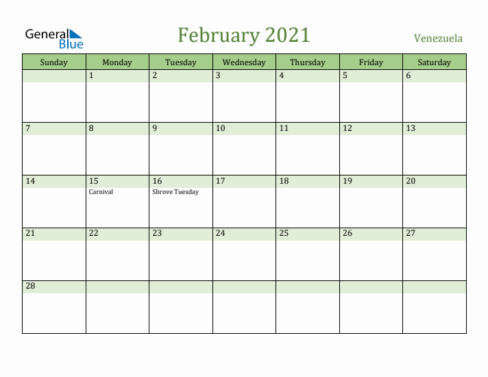 February 2021 Calendar with Venezuela Holidays