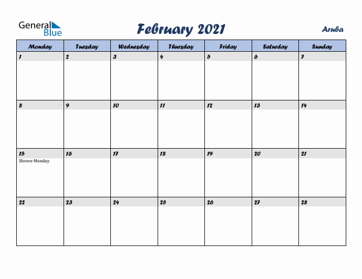 February 2021 Calendar with Holidays in Aruba