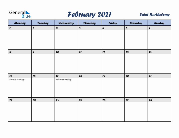 February 2021 Calendar with Holidays in Saint Barthelemy