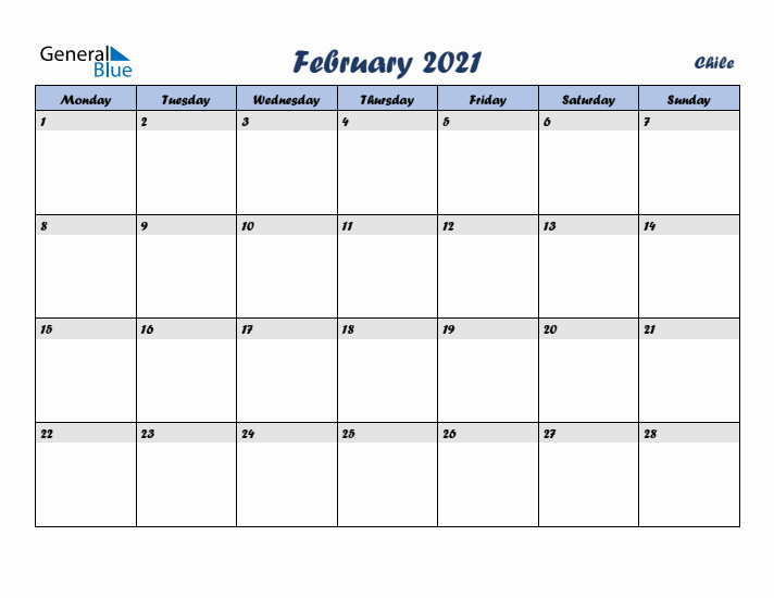 February 2021 Calendar with Holidays in Chile