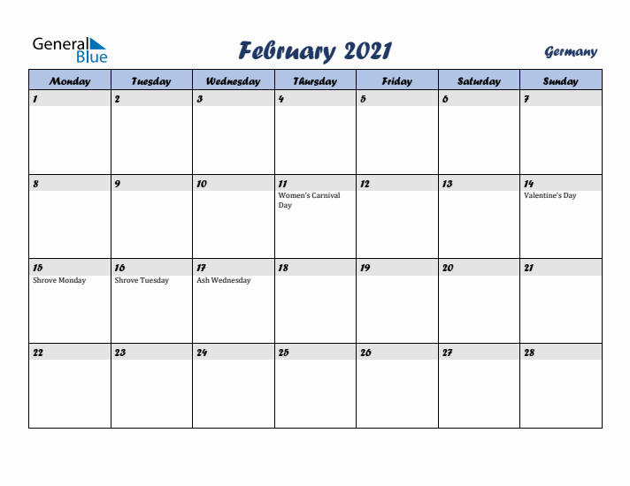 February 2021 Calendar with Holidays in Germany