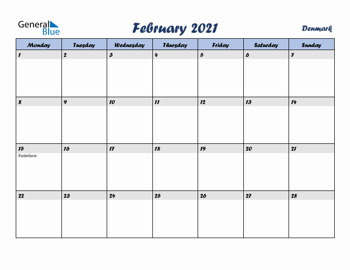 February 2021 Calendar with Holidays in Denmark