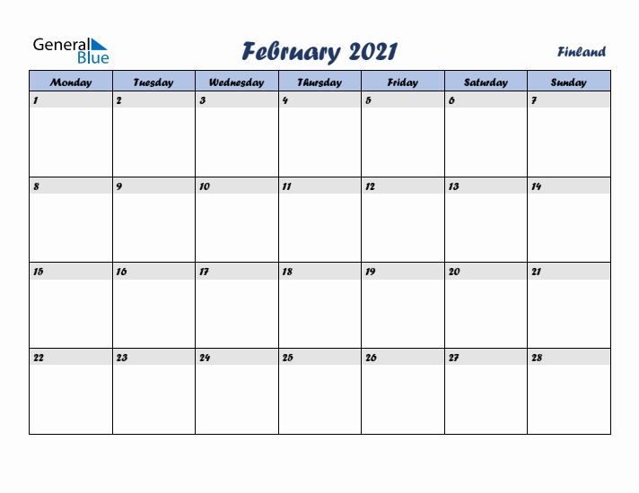 February 2021 Calendar with Holidays in Finland