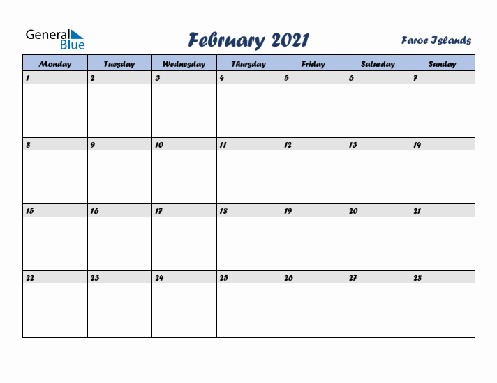 February 2021 Calendar with Holidays in Faroe Islands