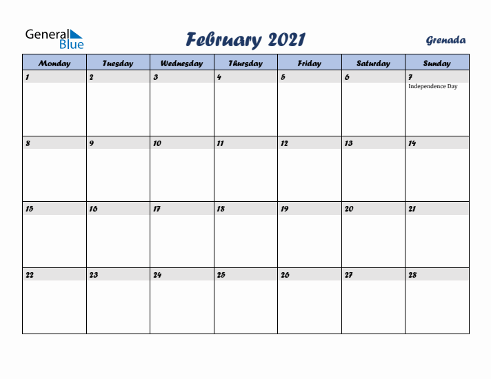 February 2021 Calendar with Holidays in Grenada