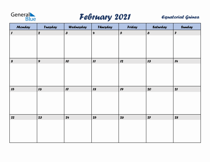 February 2021 Calendar with Holidays in Equatorial Guinea