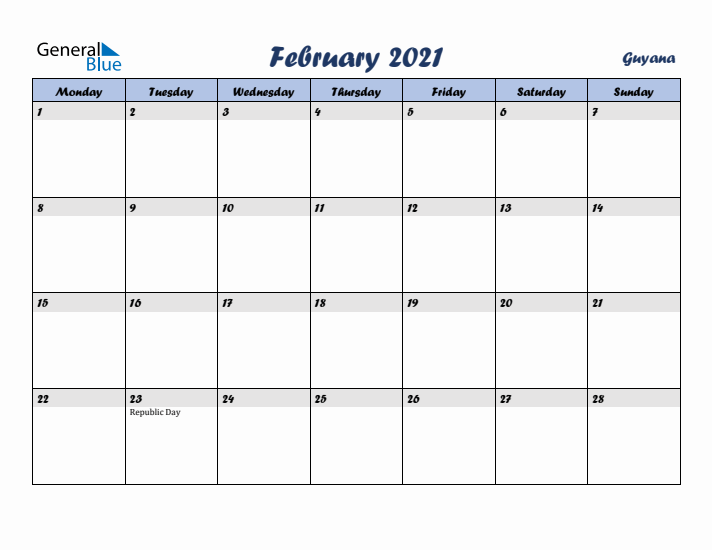 February 2021 Calendar with Holidays in Guyana