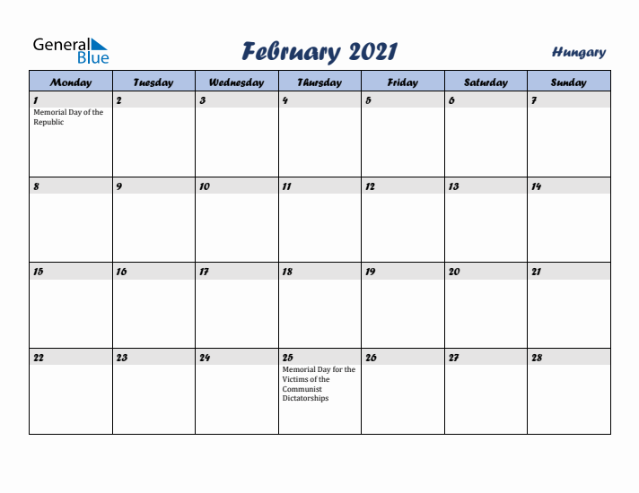 February 2021 Calendar with Holidays in Hungary