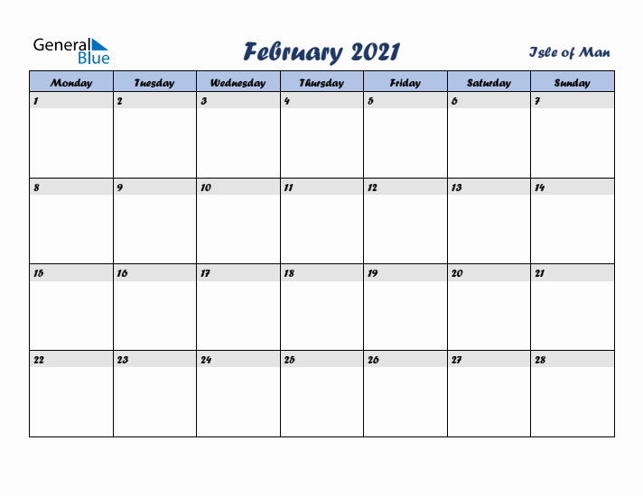 February 2021 Calendar with Holidays in Isle of Man