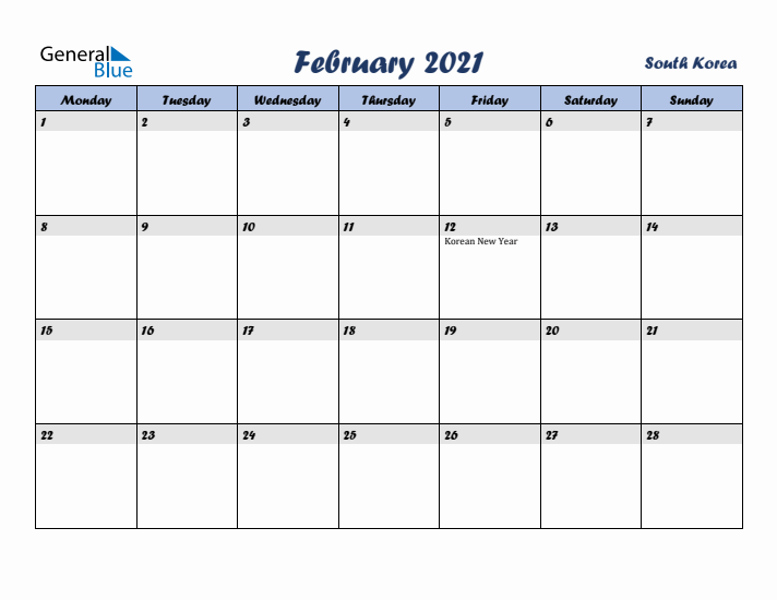 February 2021 Calendar with Holidays in South Korea