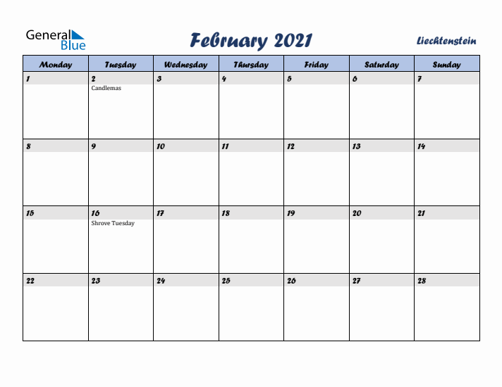 February 2021 Calendar with Holidays in Liechtenstein