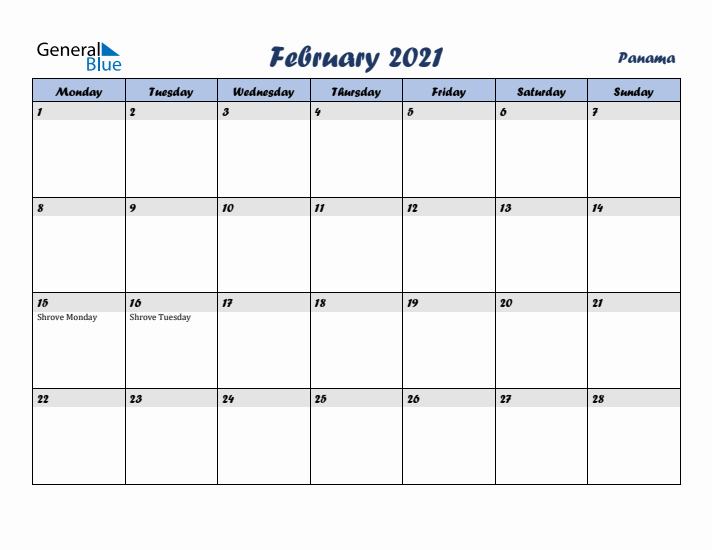 February 2021 Calendar with Holidays in Panama