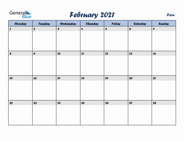 February 2021 Calendar with Holidays in Peru