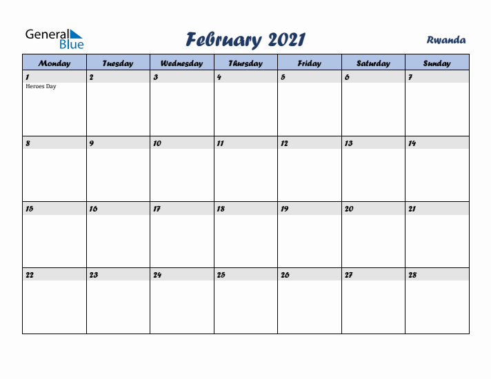 February 2021 Calendar with Holidays in Rwanda