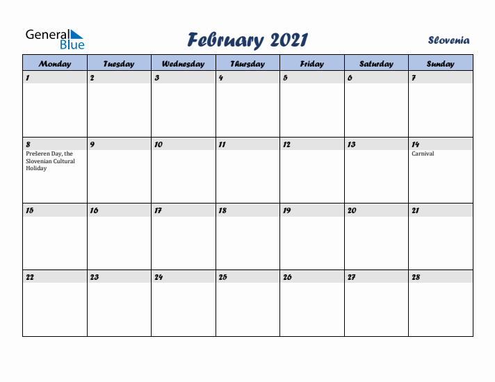 February 2021 Calendar with Holidays in Slovenia