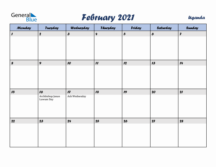 February 2021 Calendar with Holidays in Uganda