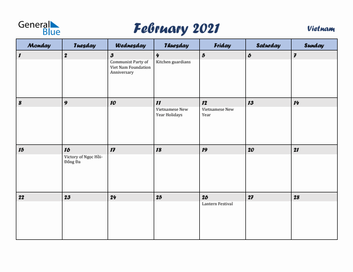 February 2021 Calendar with Holidays in Vietnam